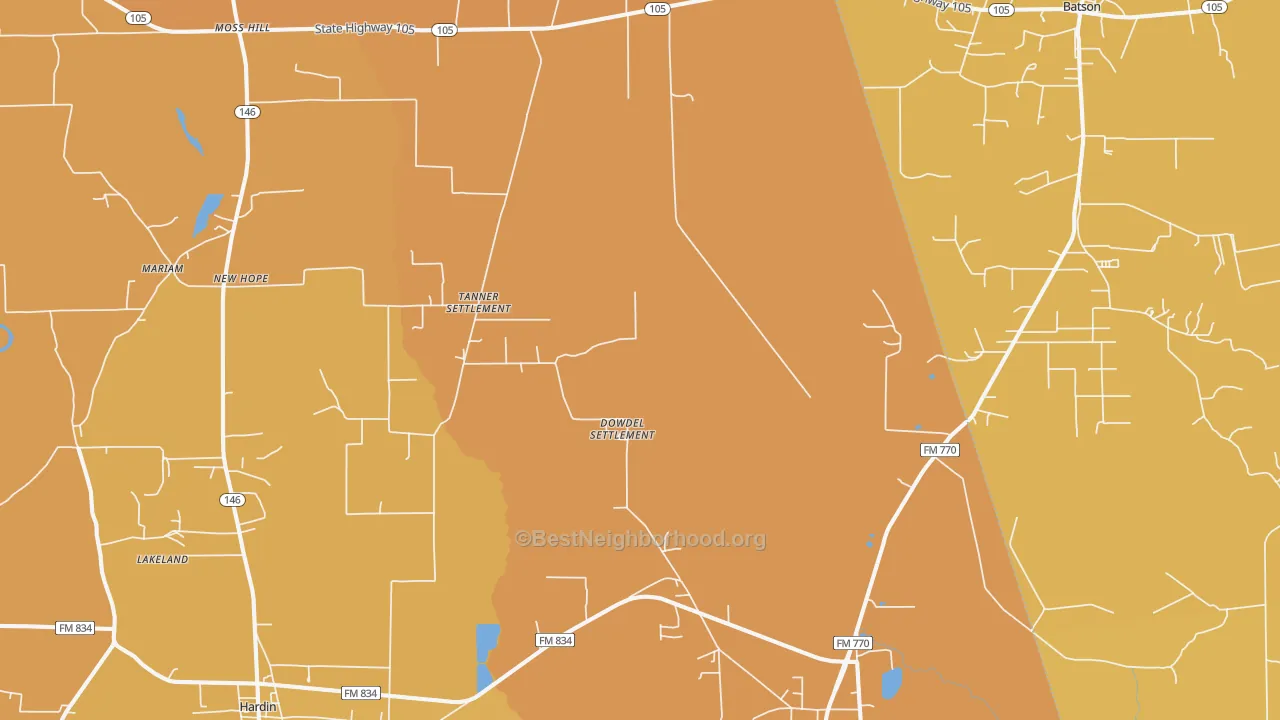 Map of the best neighborhoods in the 77564 area, with better matches in green and worse matches in red