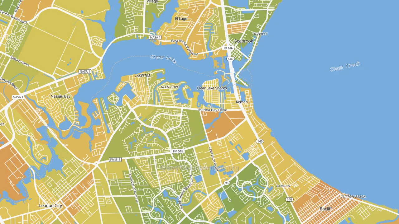 Map of the best neighborhoods in the 77565 area, with better matches in green and worse matches in red