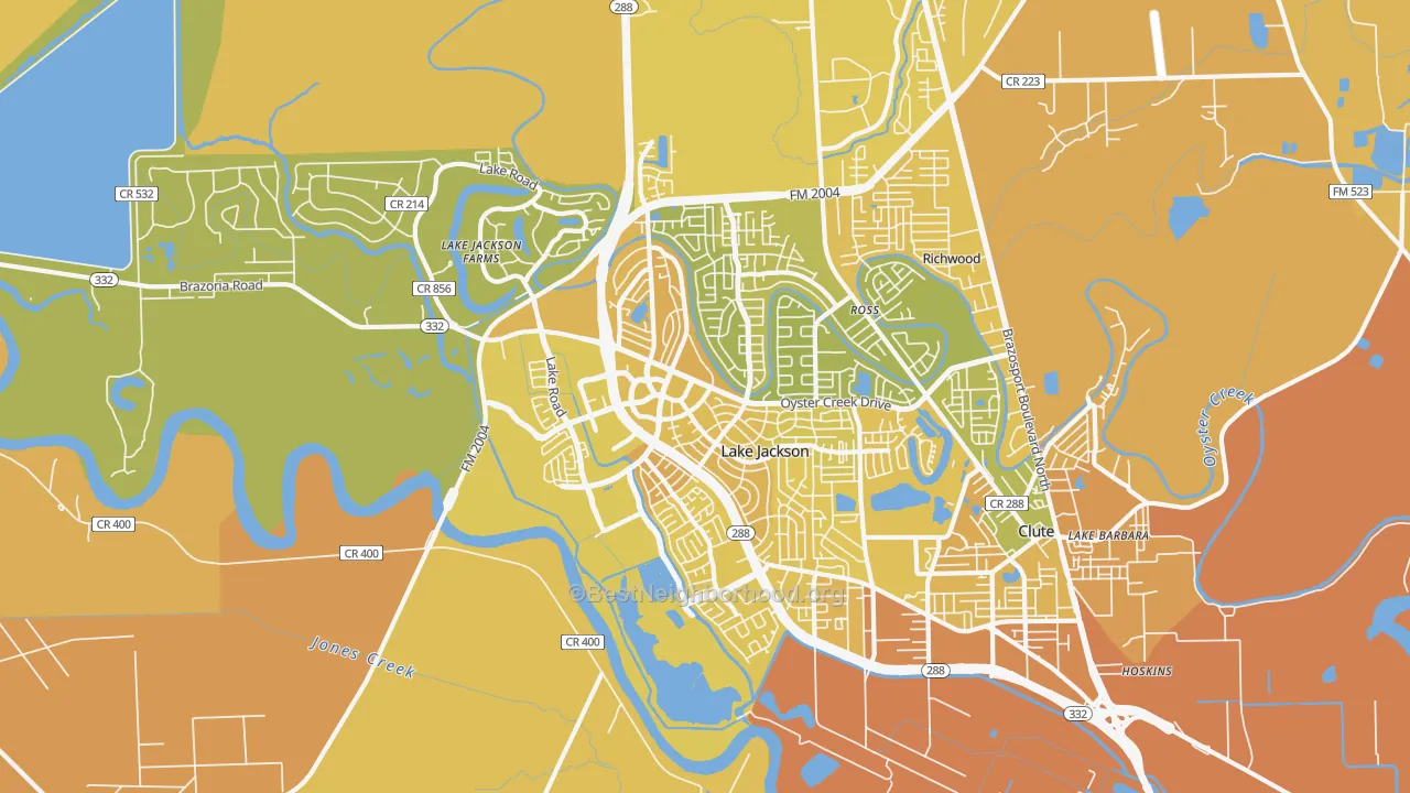 Map of the best neighborhoods in the 77566 area, with better matches in green and worse matches in red