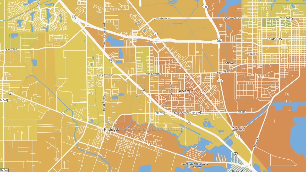 Map of the best neighborhoods in the 77568 area, with better matches in green and worse matches in red
