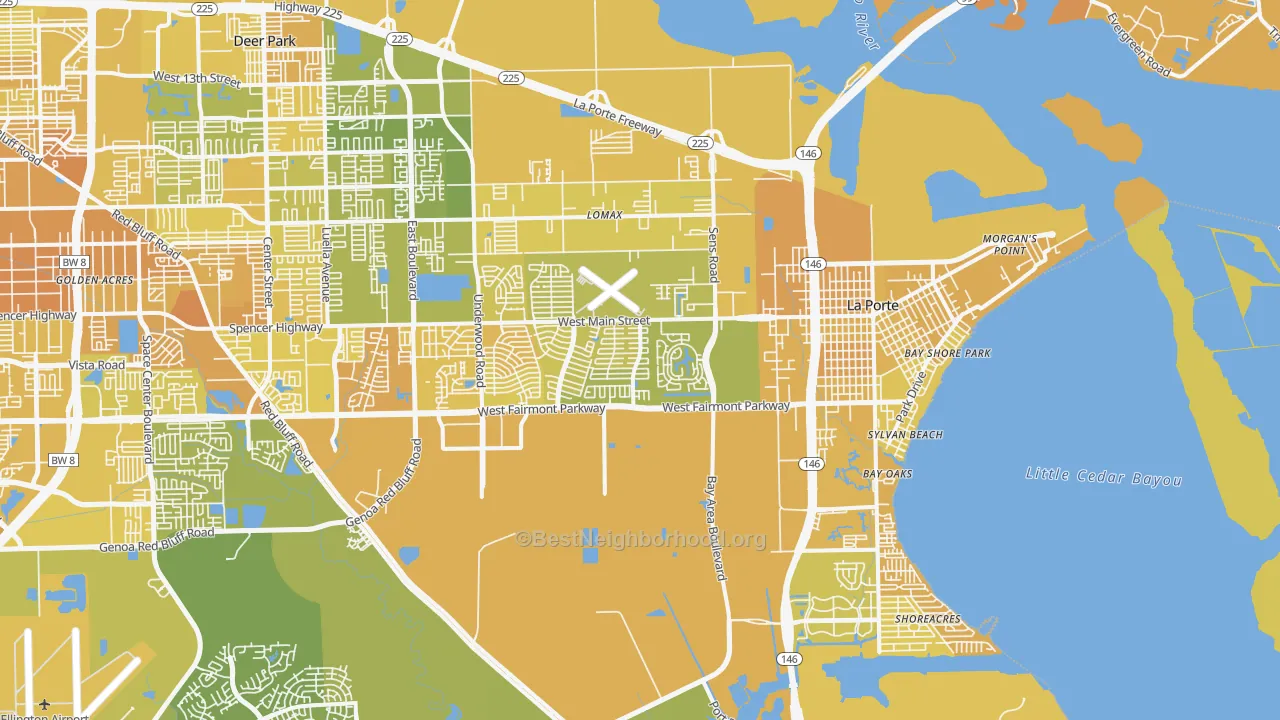Map of the best neighborhoods in the 77571 area, with better matches in green and worse matches in red