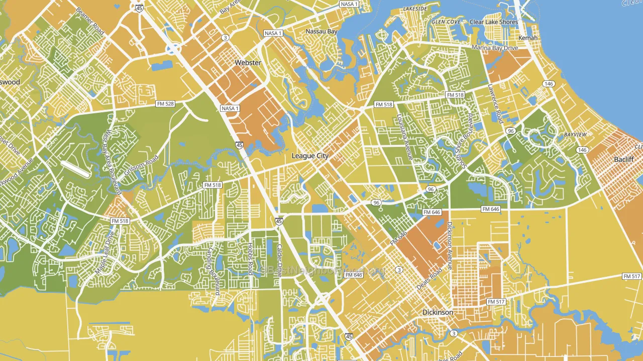 Map of the best neighborhoods in the 77573 area, with better matches in green and worse matches in red