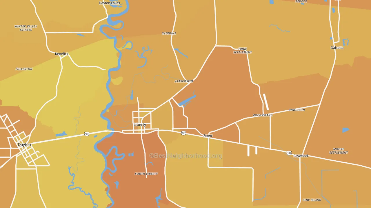 Map of the best neighborhoods in the 77575 area, with better matches in green and worse matches in red