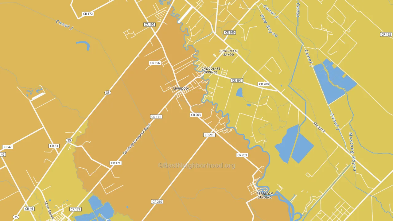 Map of the best neighborhoods in the 77577 area, with better matches in green and worse matches in red