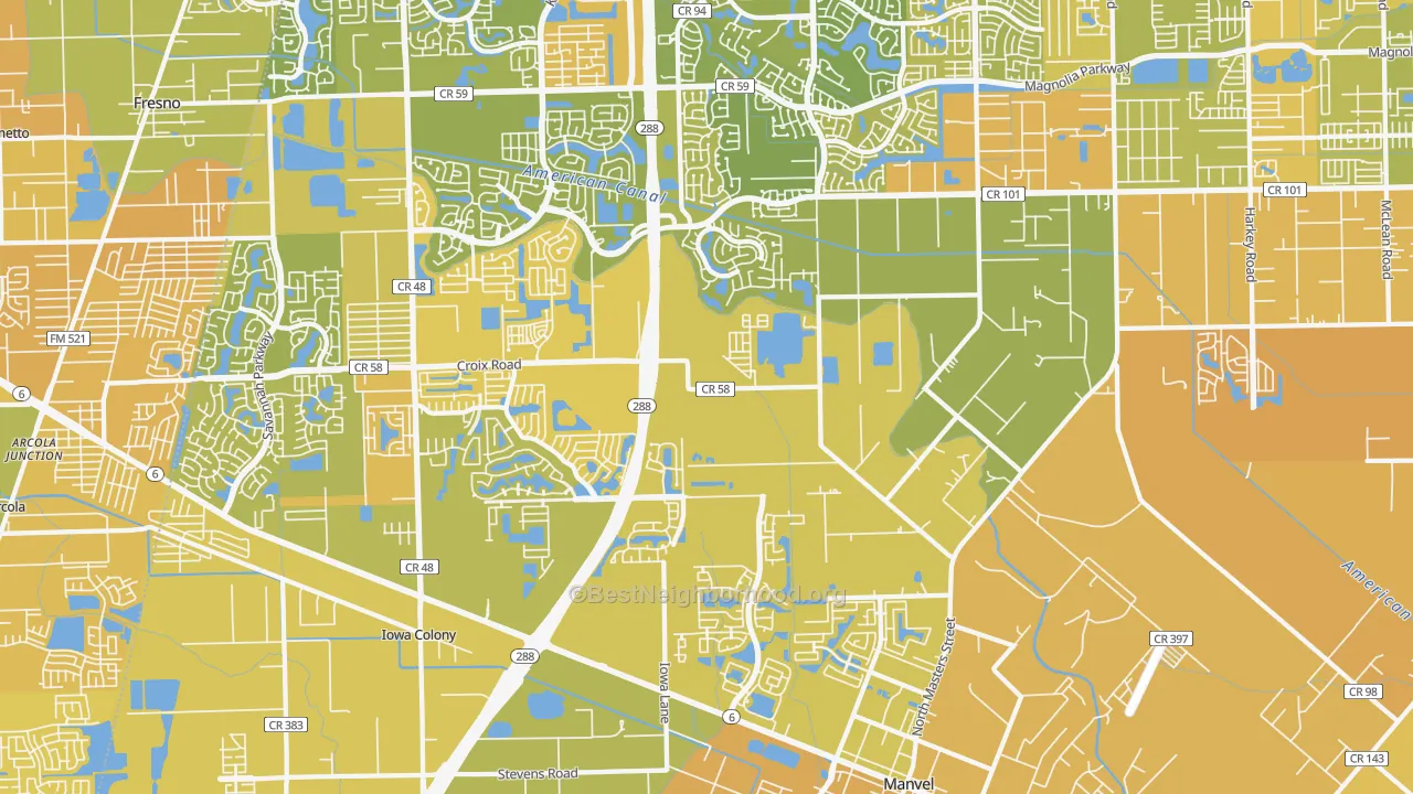 Map of the best neighborhoods in the 77578 area, with better matches in green and worse matches in red