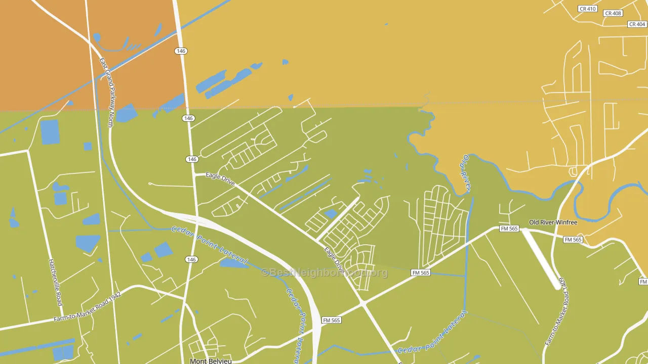 Map of the best neighborhoods in the 77580 area, with better matches in green and worse matches in red