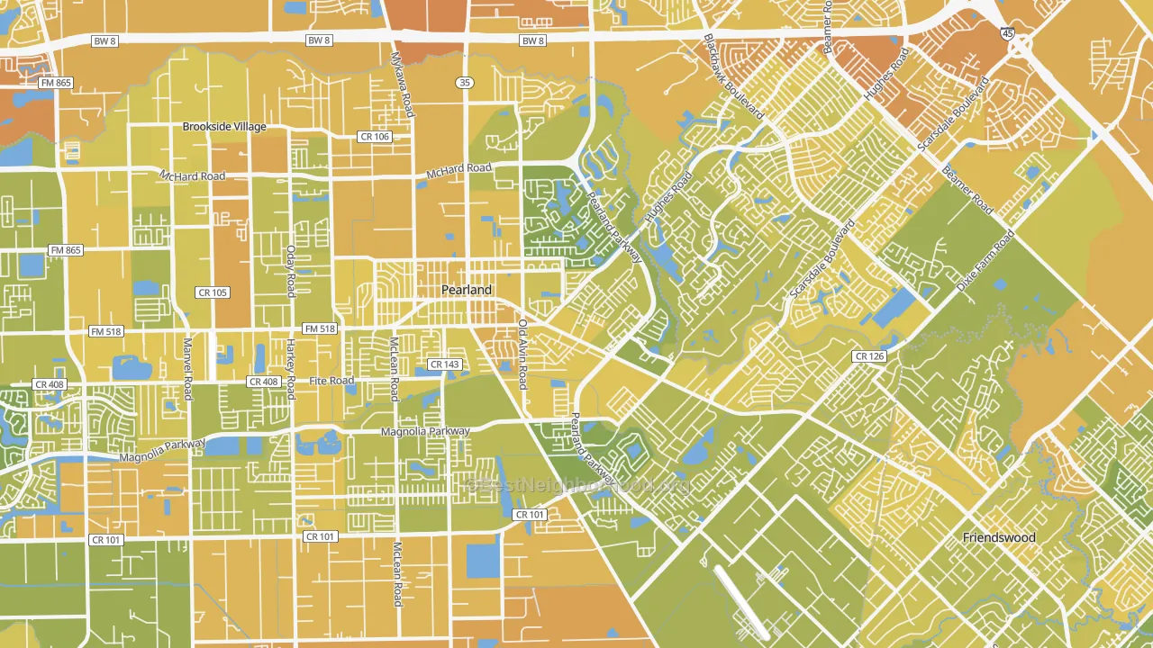 Map of the best neighborhoods in the 77581 area, with better matches in green and worse matches in red