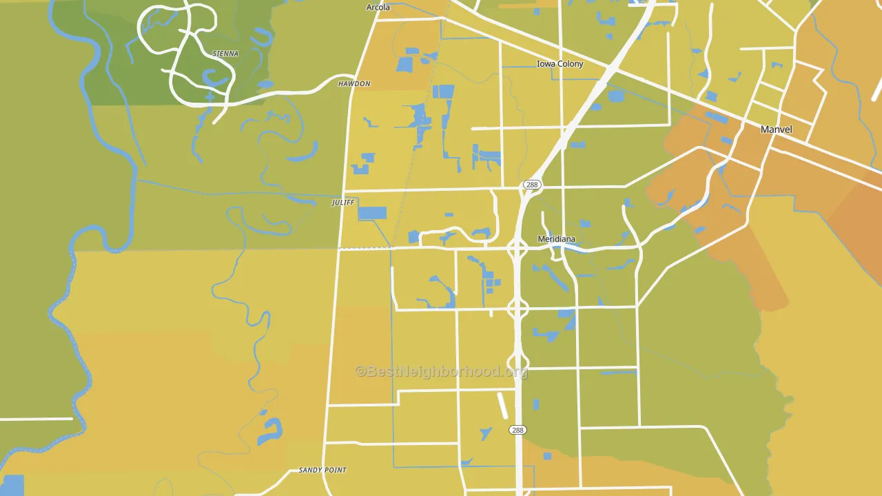 Map of the best neighborhoods in the 77583 area, with better matches in green and worse matches in red