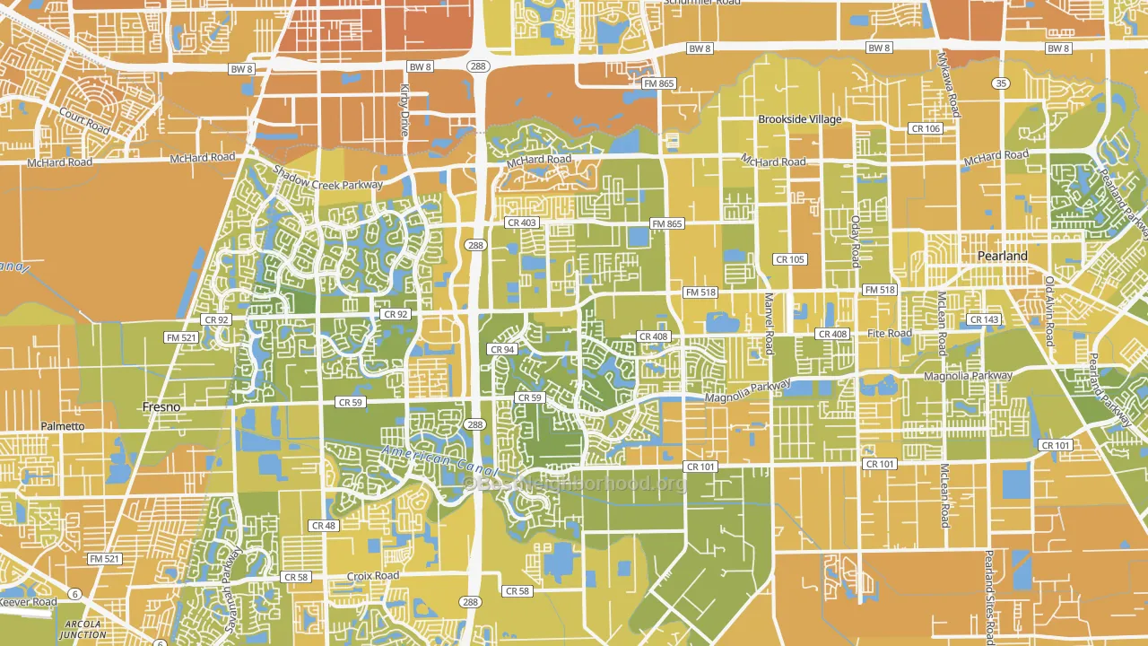 Map of the best neighborhoods in the 77584 area, with better matches in green and worse matches in red