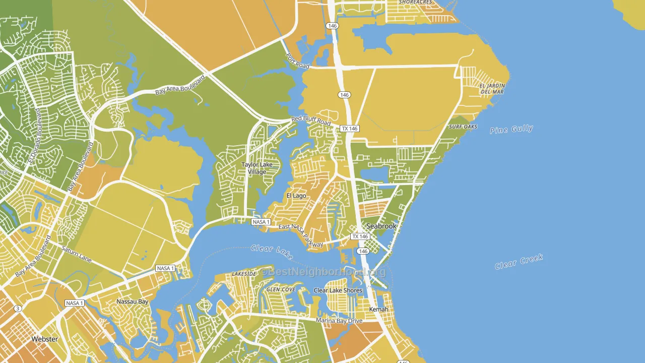 Map of the best neighborhoods in the 77586 area, with better matches in green and worse matches in red