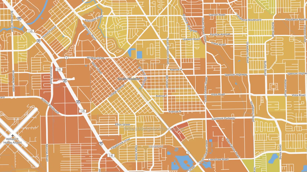 Map of the best neighborhoods in the 77587 area, with better matches in green and worse matches in red