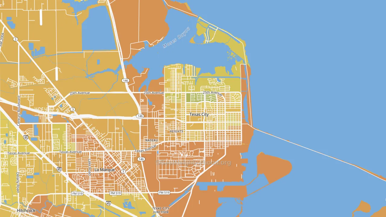 Map of the best neighborhoods in the 77590 area, with better matches in green and worse matches in red