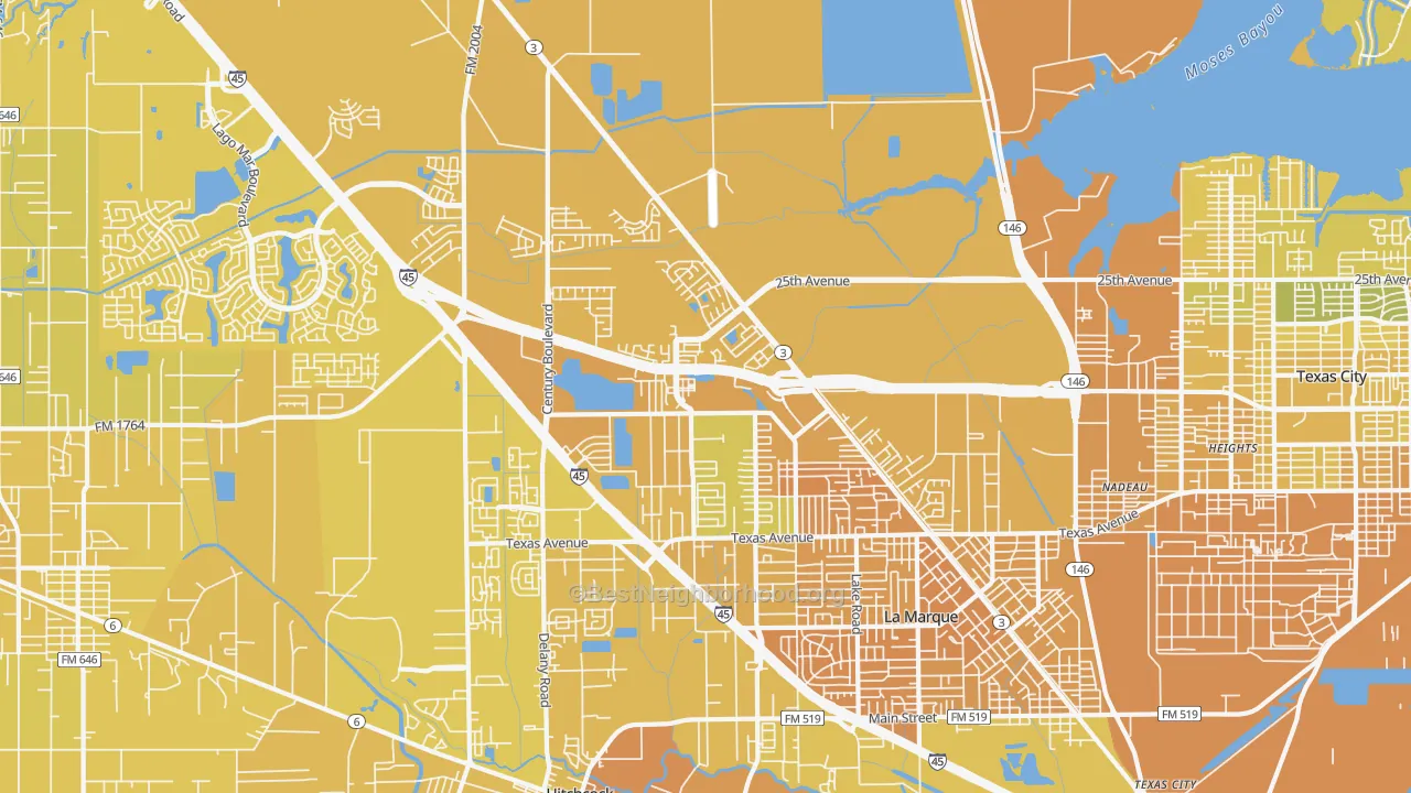 Map of the best neighborhoods in the 77591 area, with better matches in green and worse matches in red