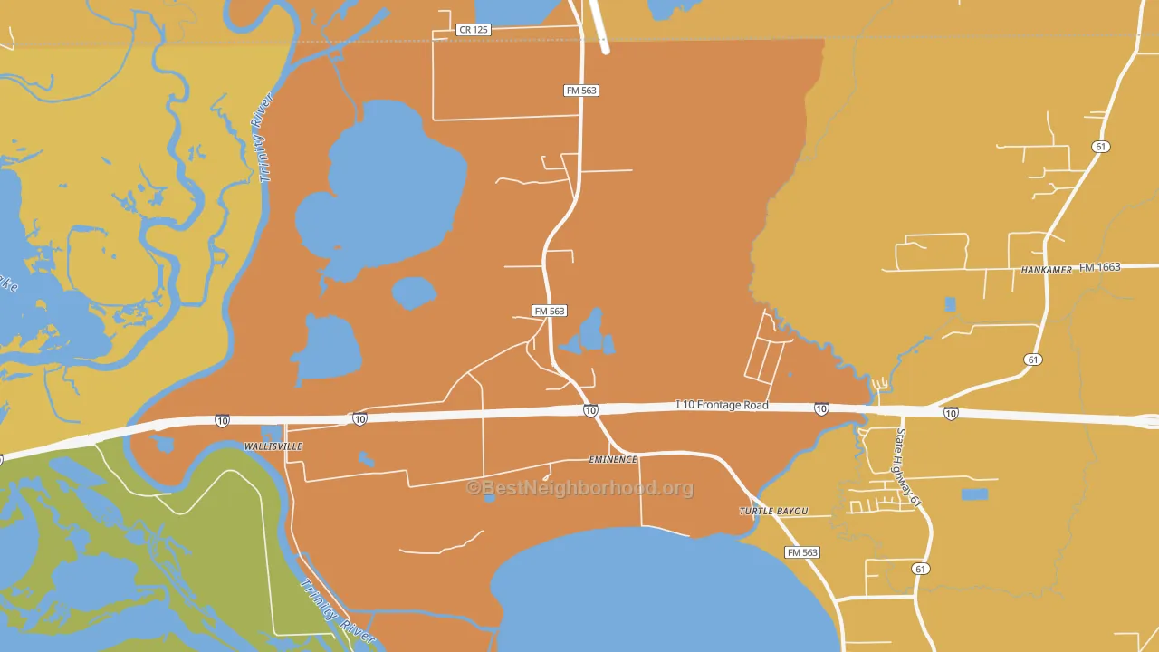 Map of the best neighborhoods in the 77597 area, with better matches in green and worse matches in red