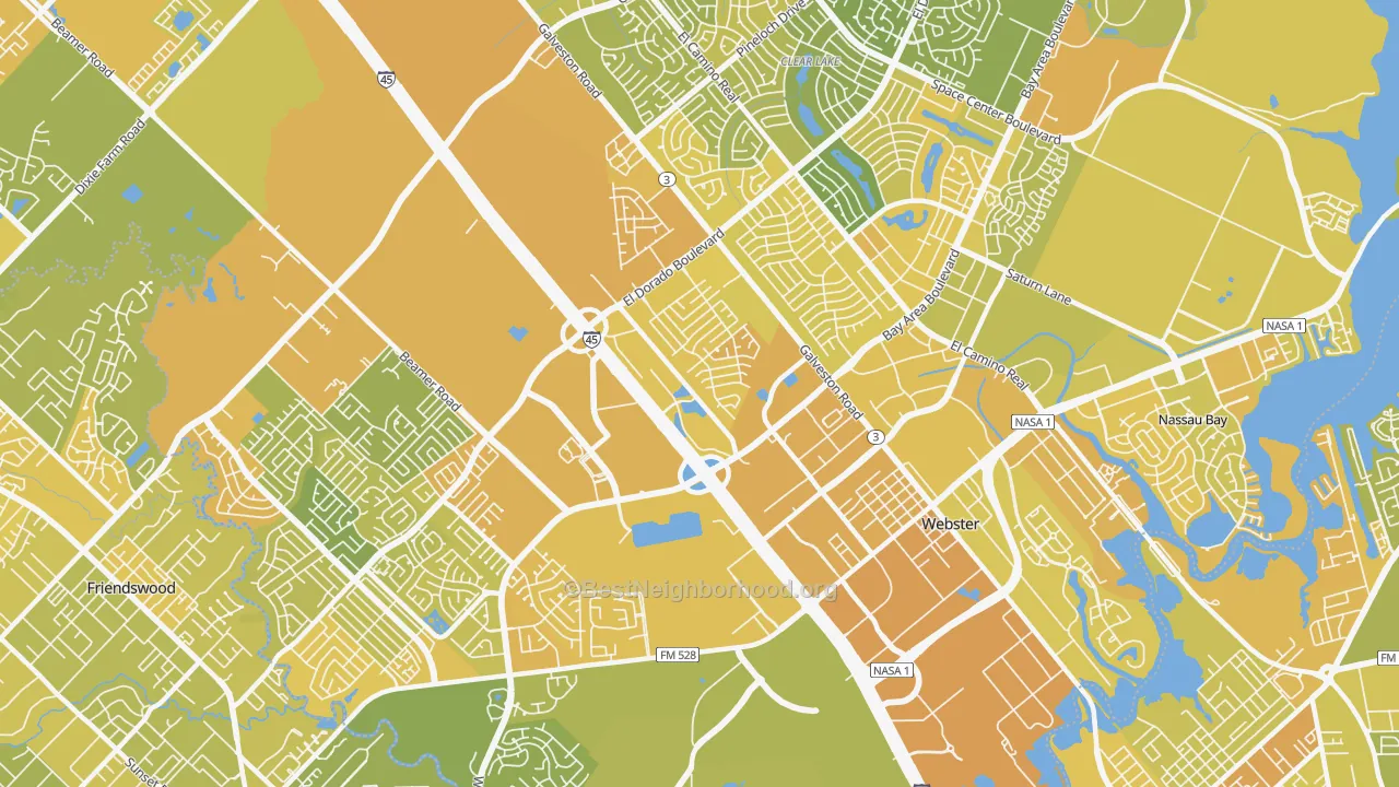 Map of the best neighborhoods in the 77598 area, with better matches in green and worse matches in red