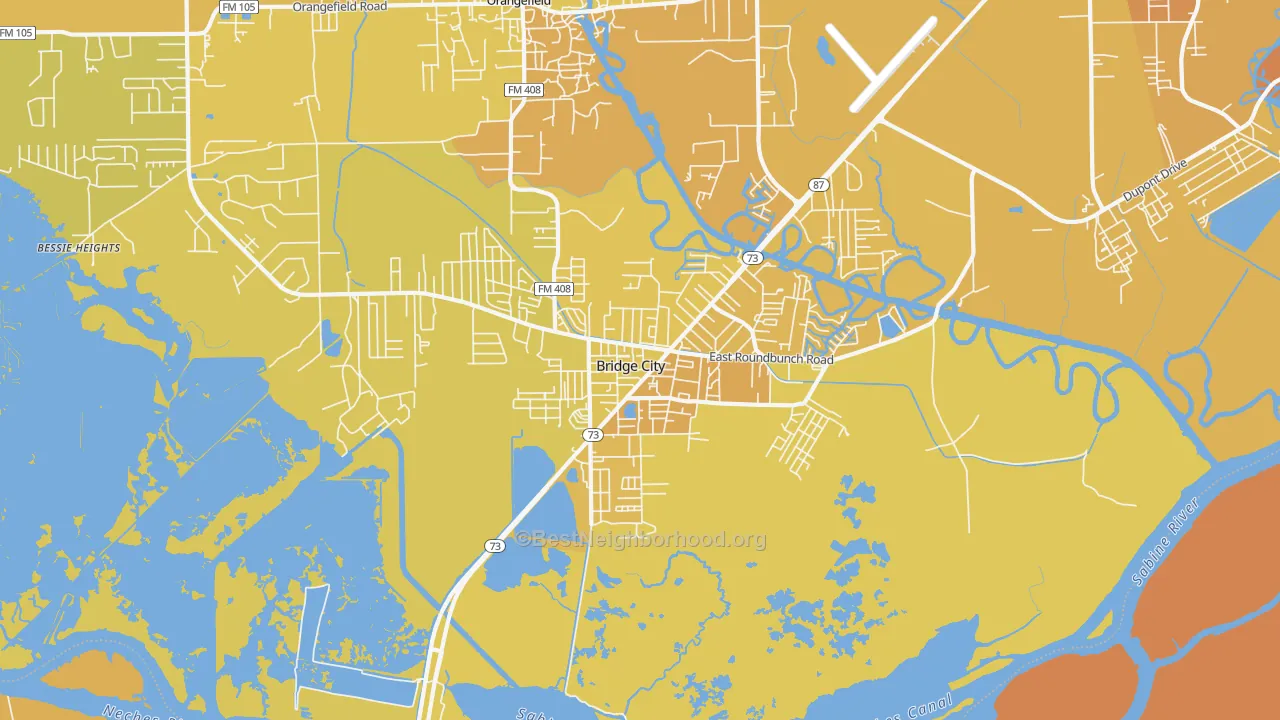 Map of the best neighborhoods in the 77611 area, with better matches in green and worse matches in red