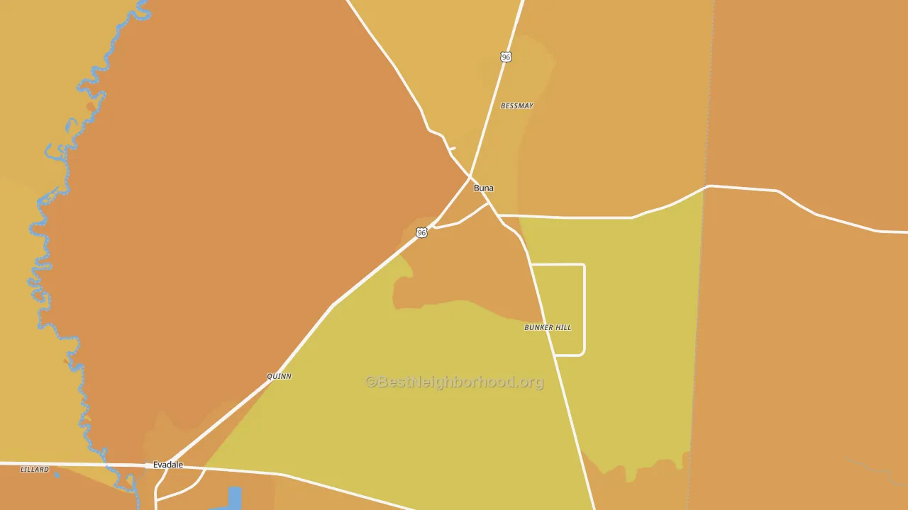 Map of the best neighborhoods in the 77612 area, with better matches in green and worse matches in red