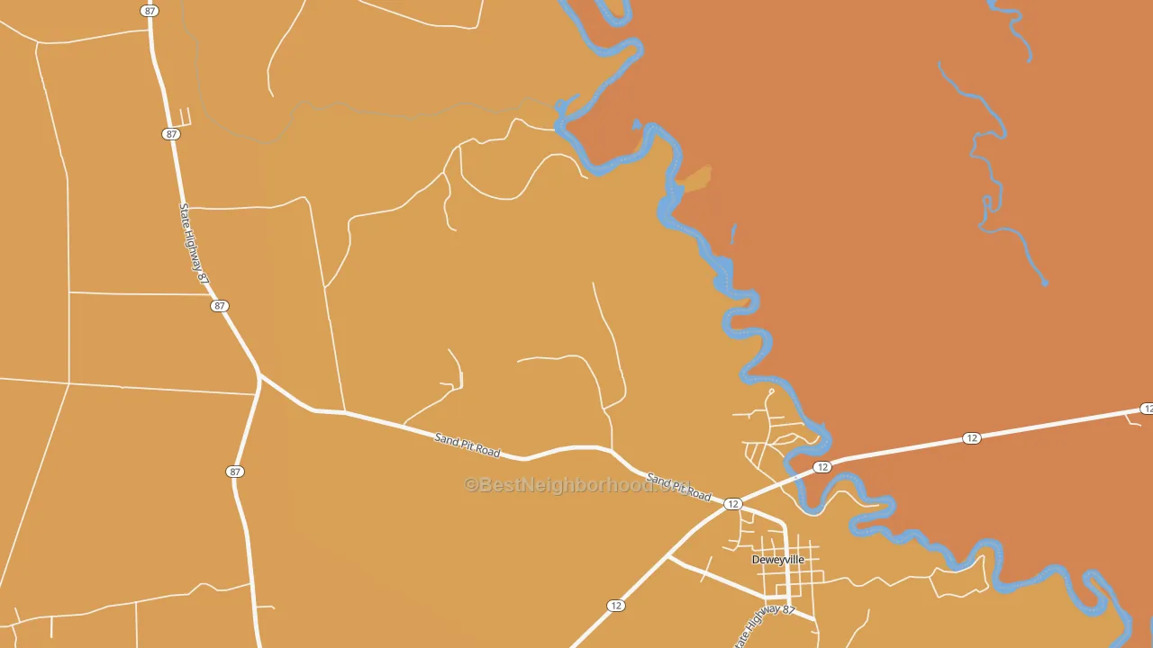 Map of the best neighborhoods in the 77614 area, with better matches in green and worse matches in red