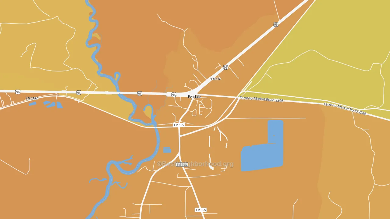 Map of the best neighborhoods in the 77615 area, with better matches in green and worse matches in red
