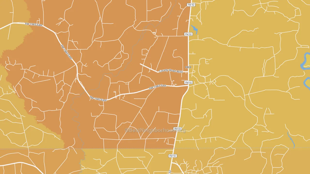 Map of the best neighborhoods in the 77616 area, with better matches in green and worse matches in red