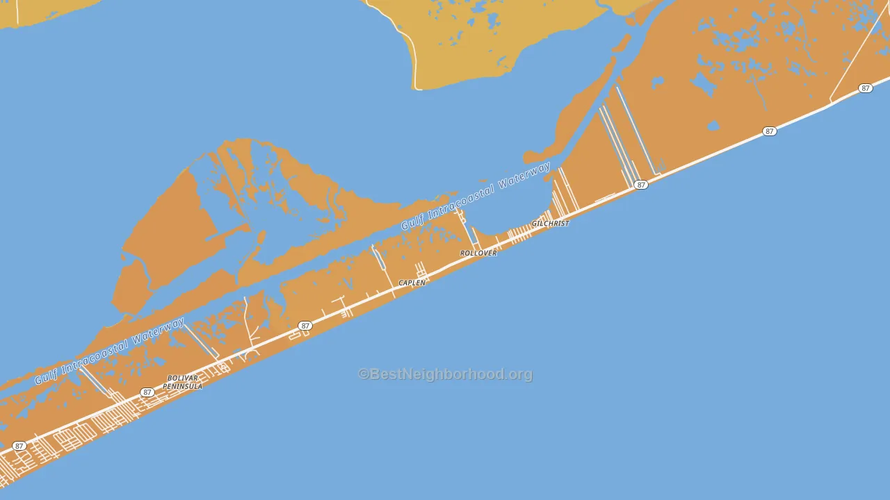 Map of the best neighborhoods in the 77617 area, with better matches in green and worse matches in red