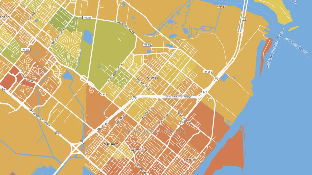 Map of the best neighborhoods in the 77619 area, with better matches in green and worse matches in red