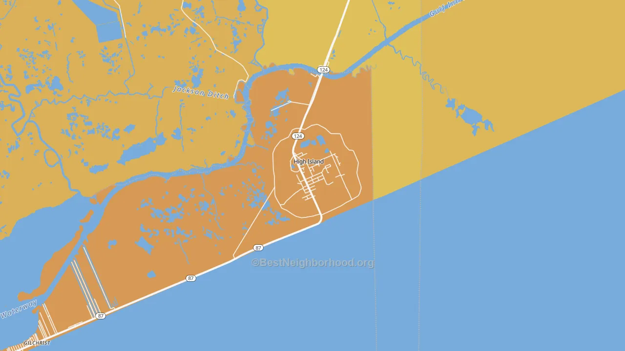 Map of the best neighborhoods in the 77623 area, with better matches in green and worse matches in red