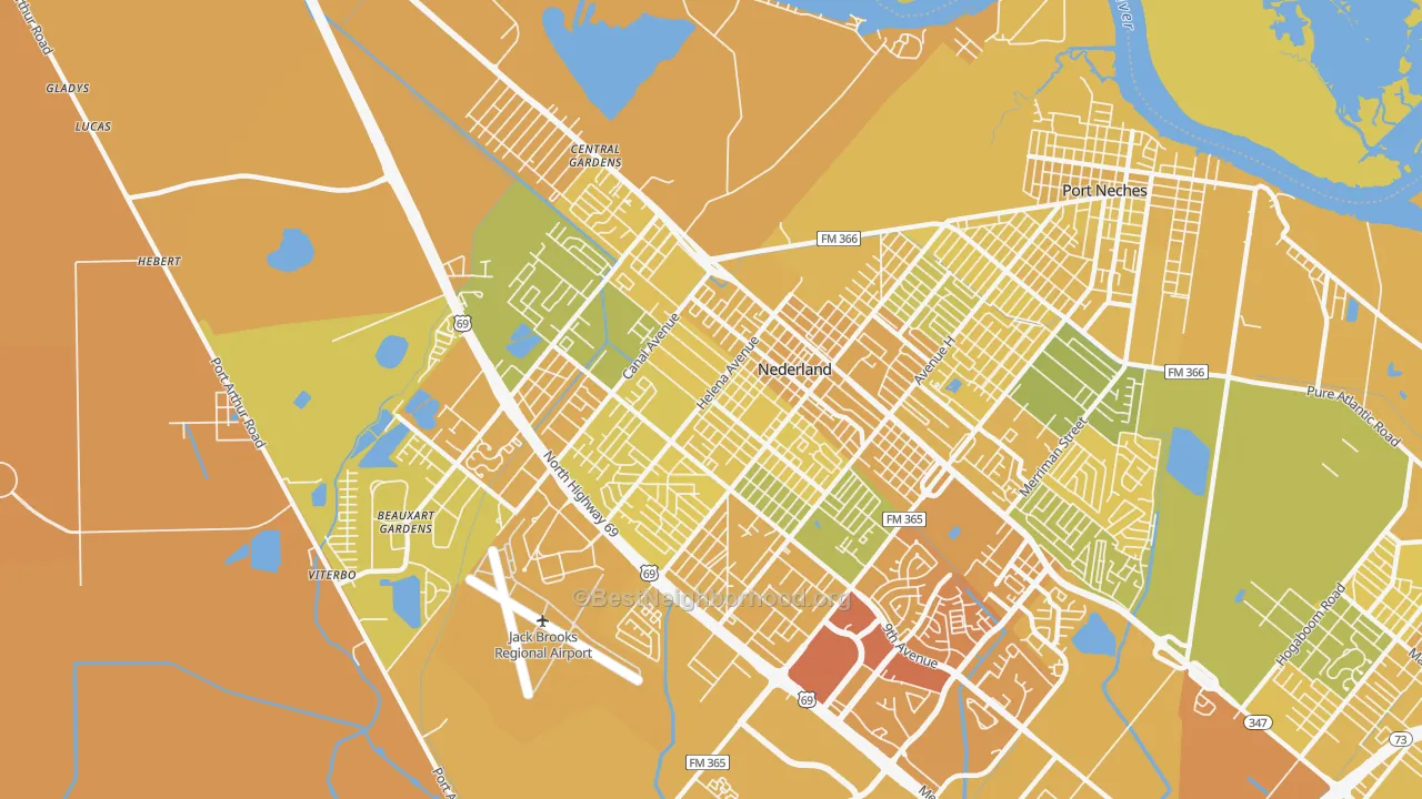 Map of the best neighborhoods in the 77627 area, with better matches in green and worse matches in red