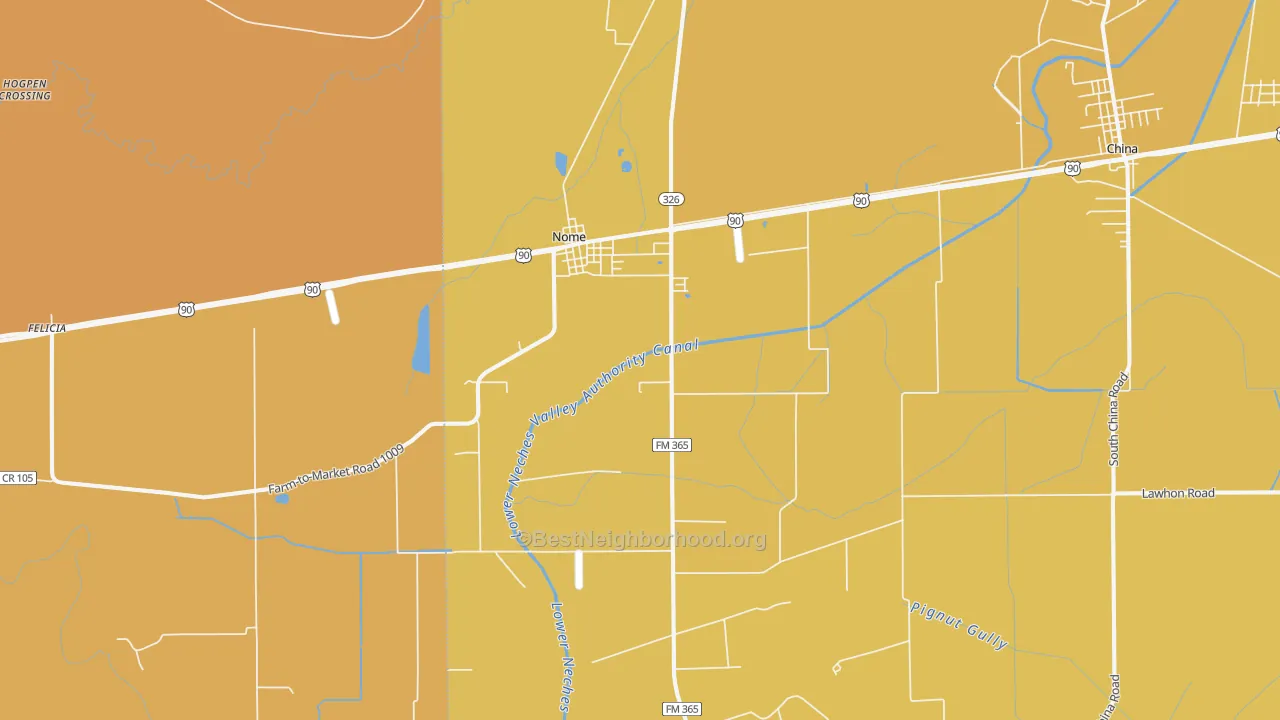 Map of the best neighborhoods in the 77629 area, with better matches in green and worse matches in red