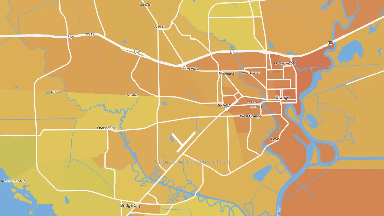 Map of the best neighborhoods in the 77630 area, with better matches in green and worse matches in red