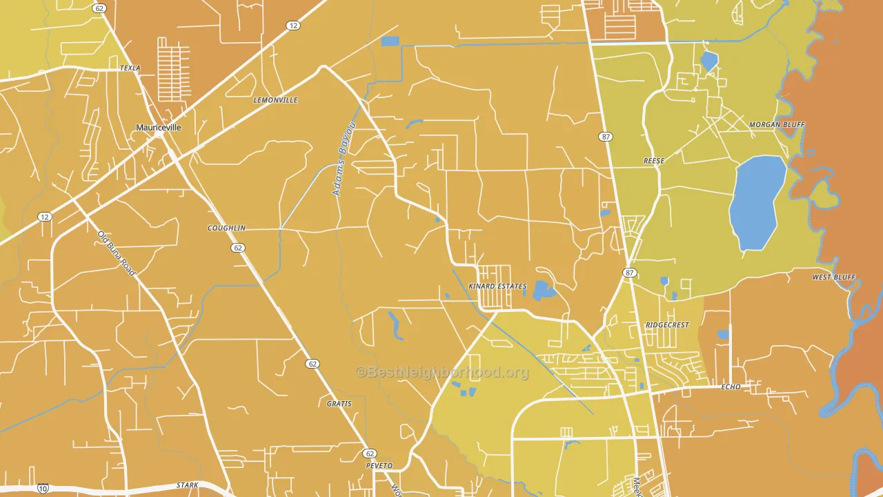 Map of the best neighborhoods in the 77632 area, with better matches in green and worse matches in red