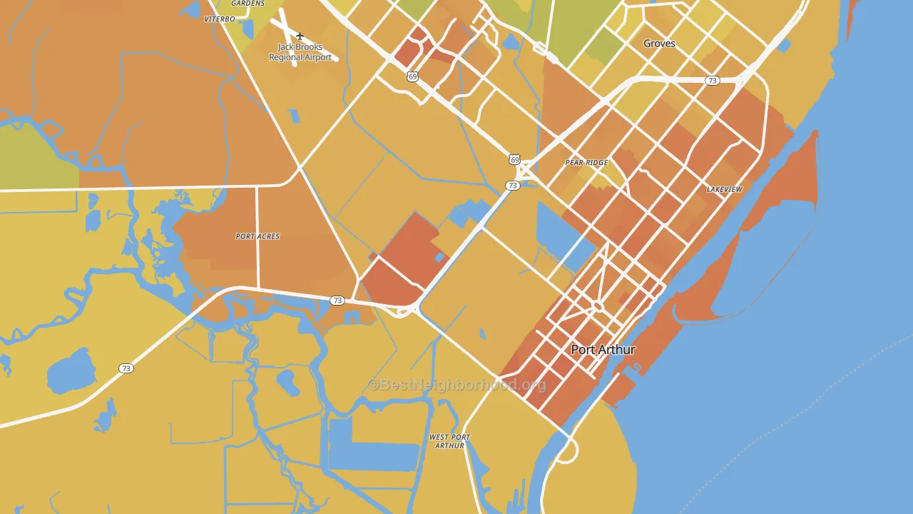 Map of the best neighborhoods in the 77640 area, with better matches in green and worse matches in red