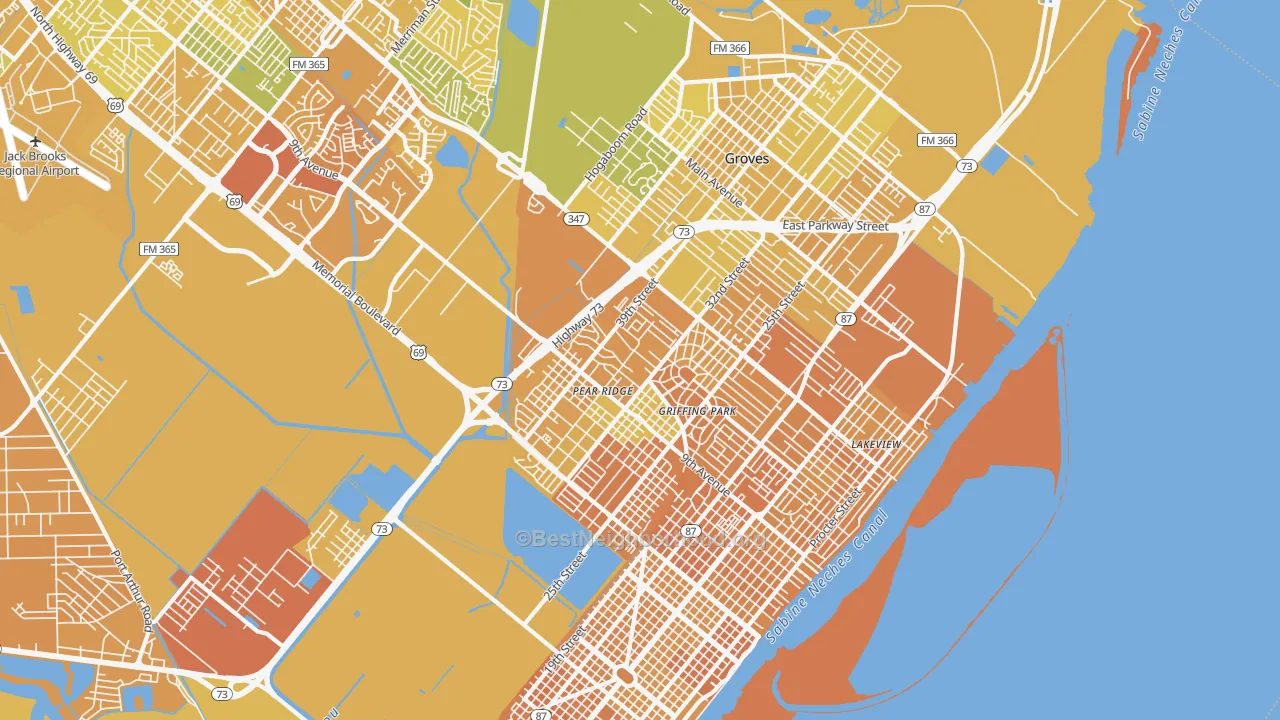 Map of the best neighborhoods in the 77642 area, with better matches in green and worse matches in red