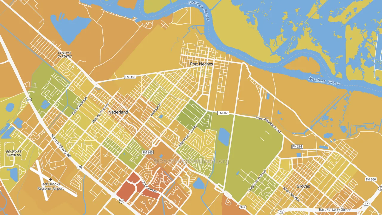 Map of the best neighborhoods in the 77651 area, with better matches in green and worse matches in red