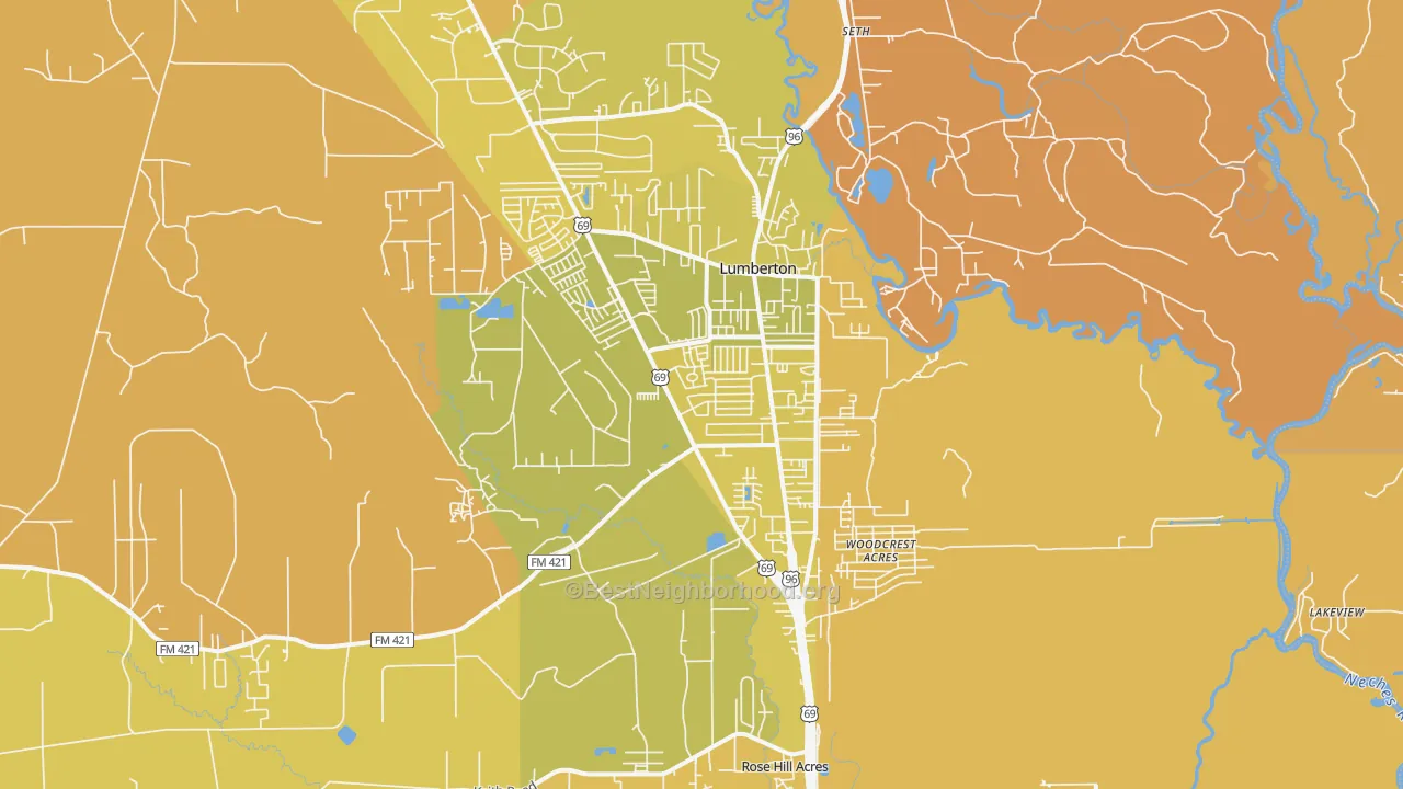 Map of the best neighborhoods in the 77657 area, with better matches in green and worse matches in red
