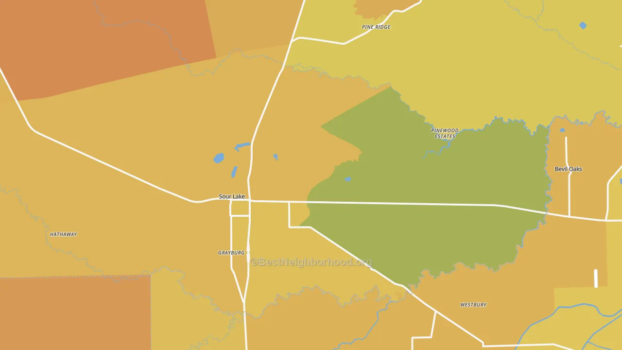Map of the best neighborhoods in the 77659 area, with better matches in green and worse matches in red