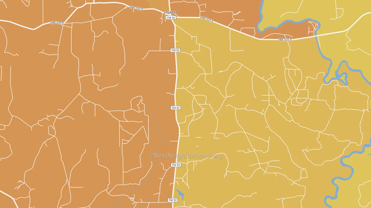 Map of the best neighborhoods in the 77660 area, with better matches in green and worse matches in red
