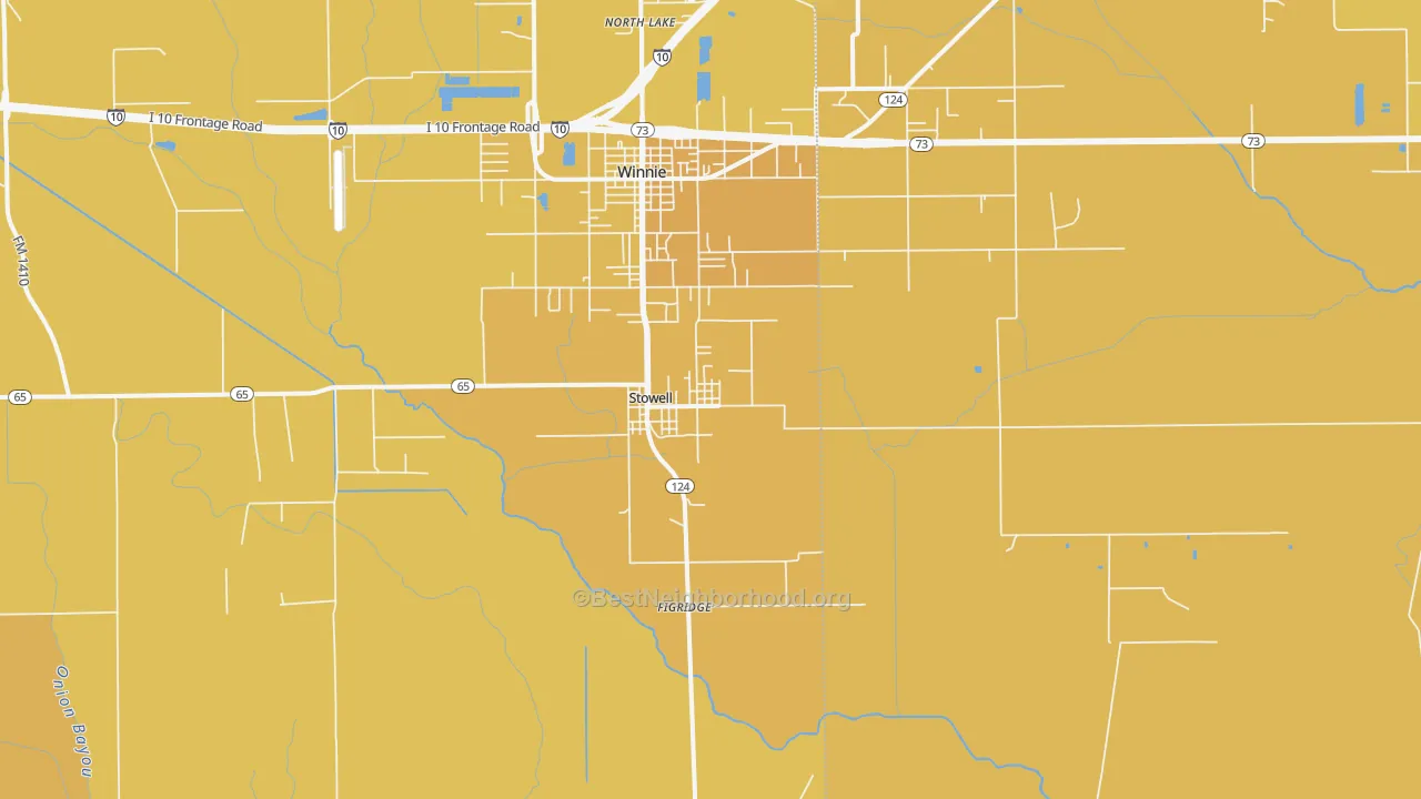 Map of the best neighborhoods in the 77661 area, with better matches in green and worse matches in red