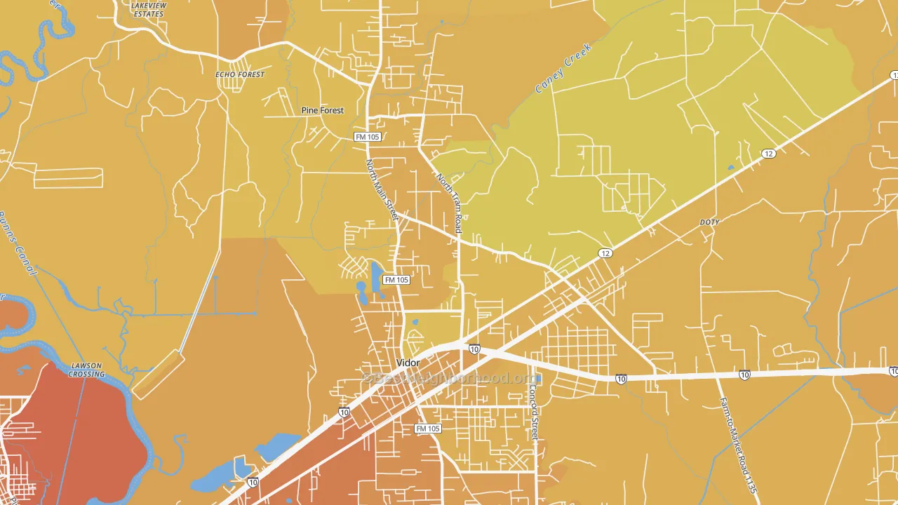 Map of the best neighborhoods in the 77662 area, with better matches in green and worse matches in red