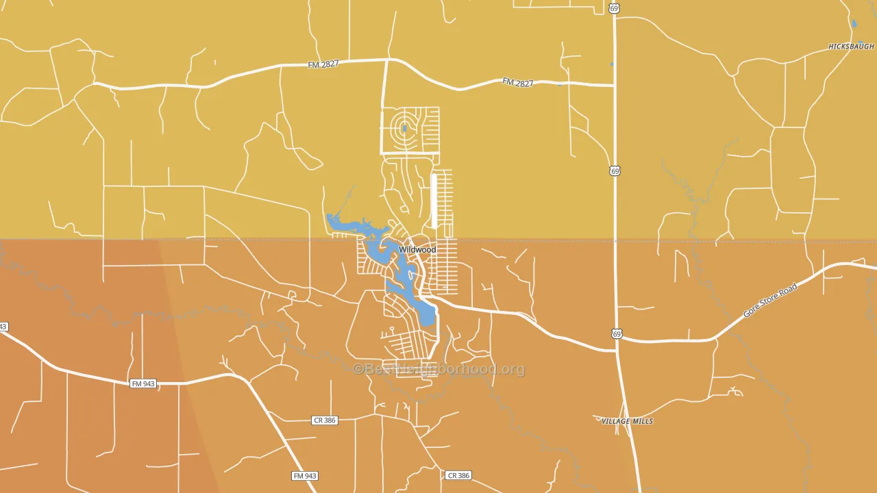 Map of the best neighborhoods in the 77663 area, with better matches in green and worse matches in red
