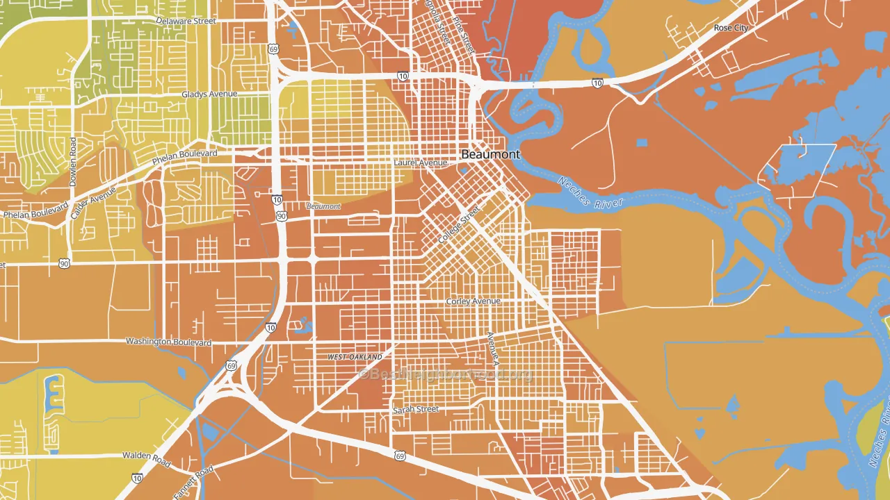 Map of the best neighborhoods in the 77701 area, with better matches in green and worse matches in red