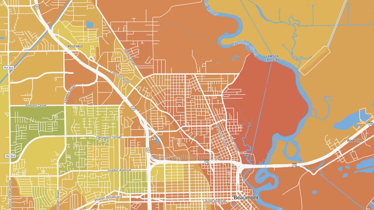 Map of the best neighborhoods in the 77703 area, with better matches in green and worse matches in red