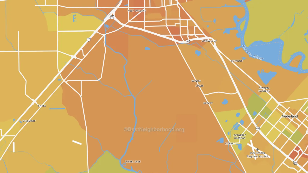 Map of the best neighborhoods in the 77705 area, with better matches in green and worse matches in red
