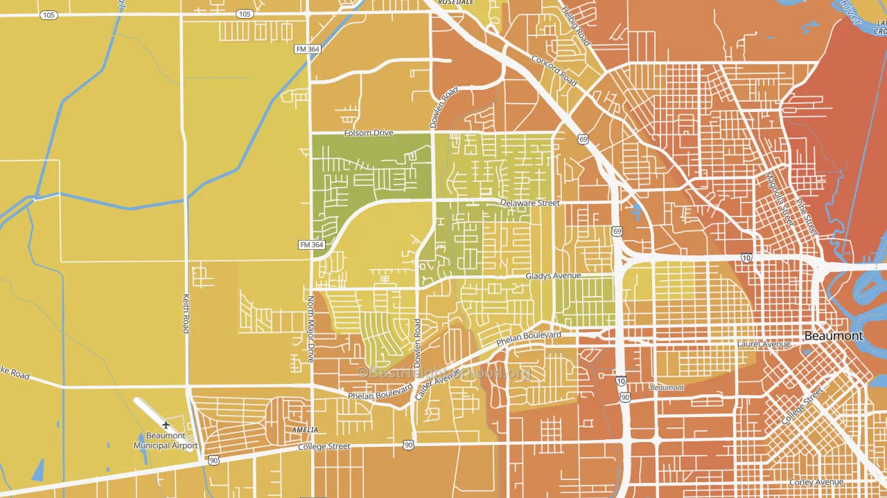 Map of the best neighborhoods in the 77706 area, with better matches in green and worse matches in red