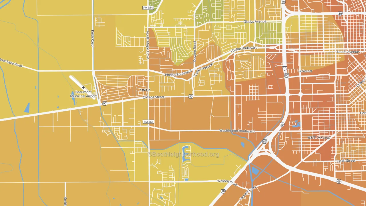 Map of the best neighborhoods in the 77707 area, with better matches in green and worse matches in red