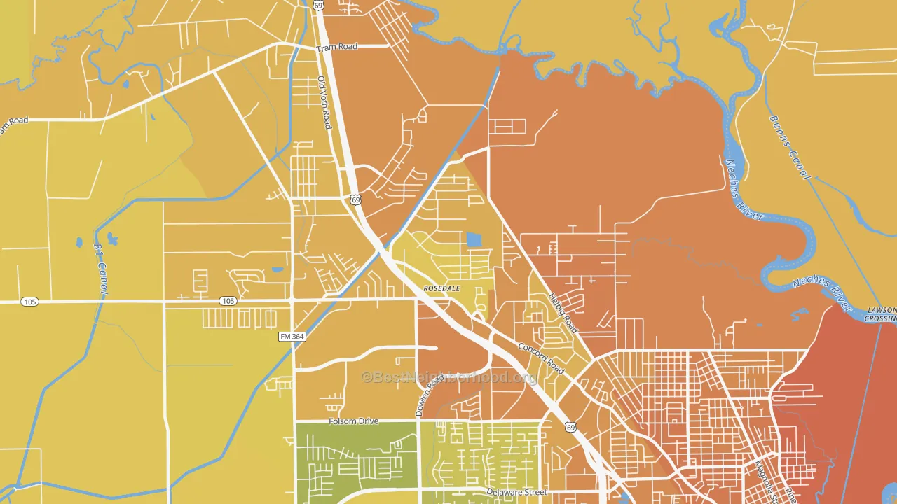 Map of the best neighborhoods in the 77708 area, with better matches in green and worse matches in red