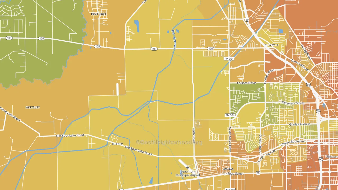 Map of the best neighborhoods in the 77713 area, with better matches in green and worse matches in red