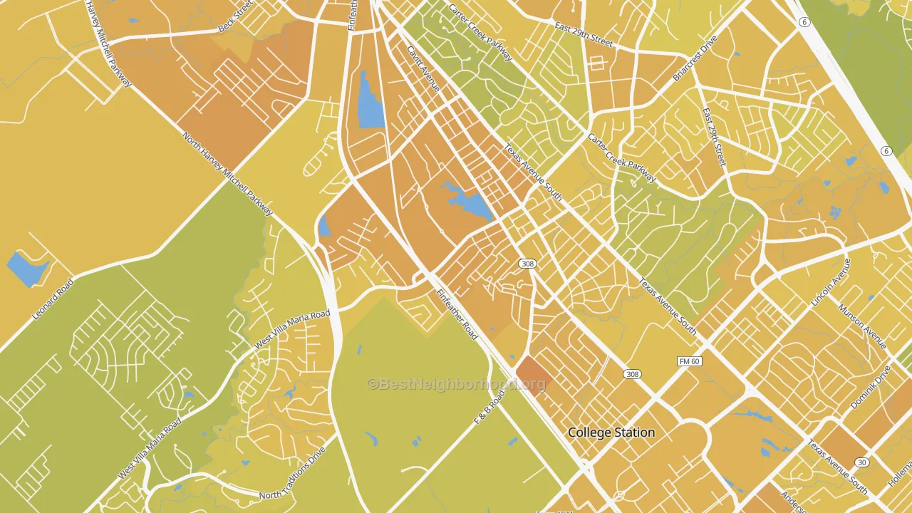 Map of the best neighborhoods in the 77801 area, with better matches in green and worse matches in red