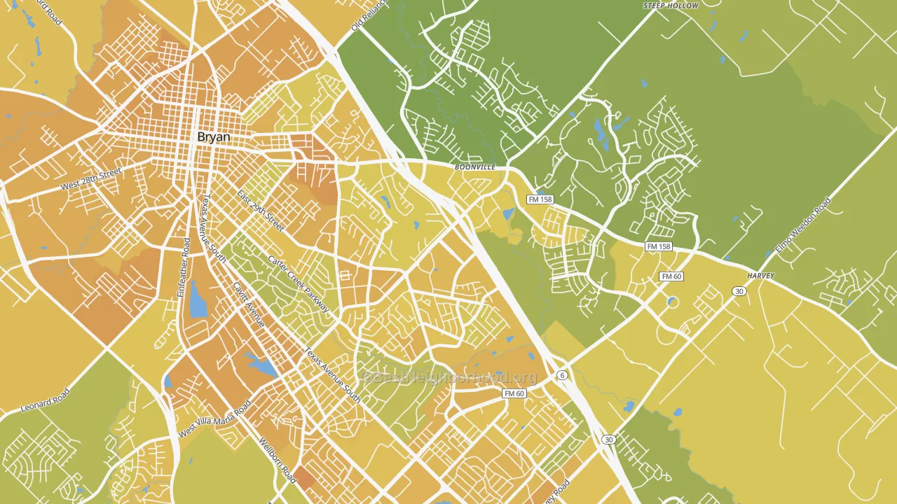 Map of the best neighborhoods in the 77802 area, with better matches in green and worse matches in red