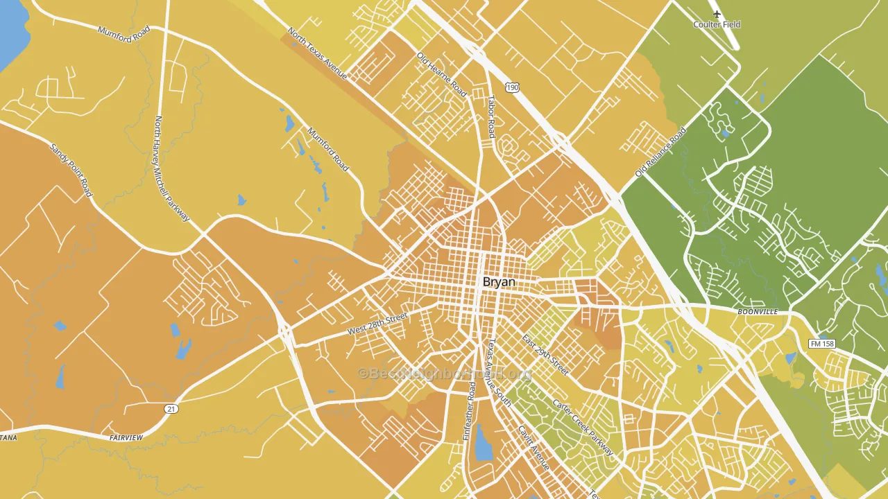 Map of the best neighborhoods in the 77803 area, with better matches in green and worse matches in red